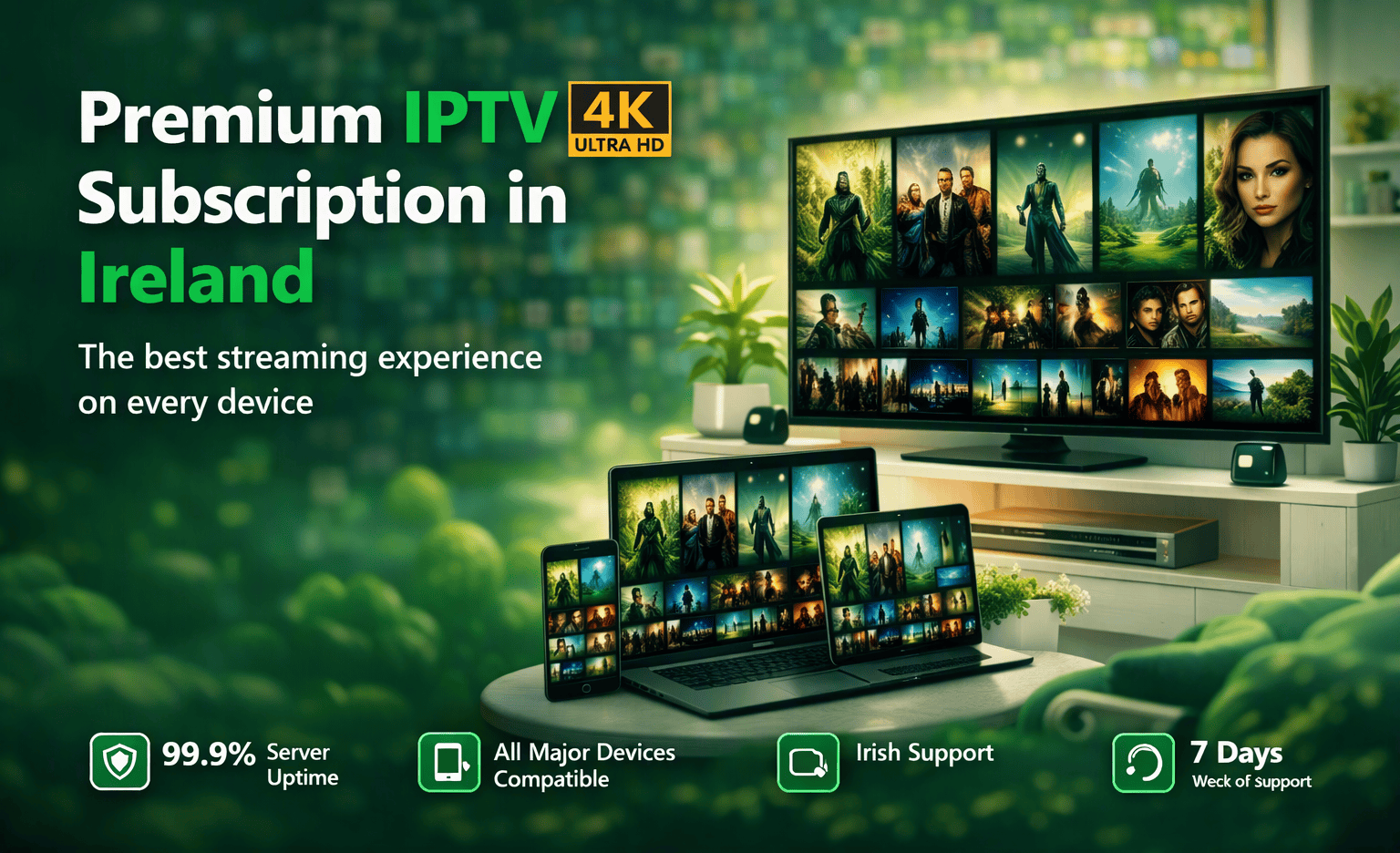 Modern Irish living room with a smart TV displaying the ÉireStream IPTV streaming interface in emerald green and white