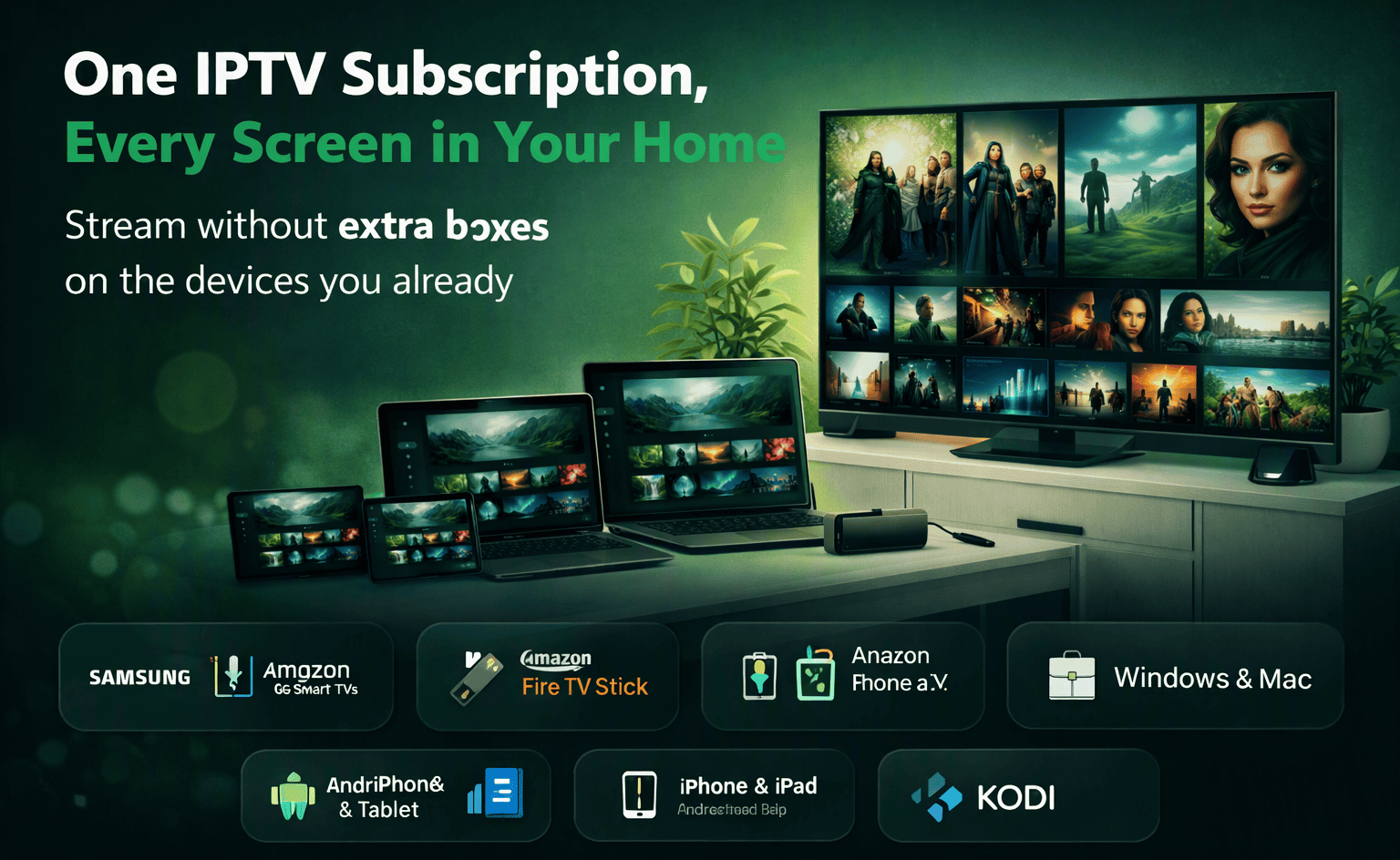 IPTV subscription from ÉireStream running on a Smart TV, Firestick, smartphone and tablet side by side